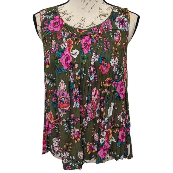 Tops - Womens Blouse Medium Sleeveless Olive Green Pink Floral‎ - Y2K Boho Hippie 70s